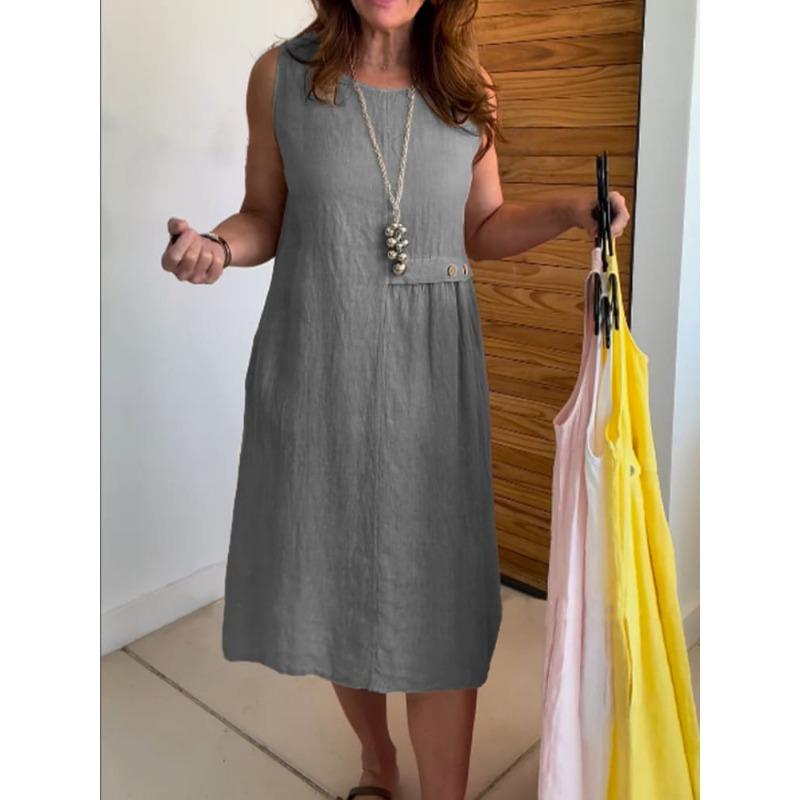 DAFIFY Женская мода лето весна однотонный принт без рукавов с круглым вырезом свободная талия повседневные платья