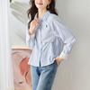 Синяя полосатая рубашка для женщин с длинным рукавом, одежда на весну и осень, новый повседневный топ, хлопковая рубашка с мультяшной вышивкой