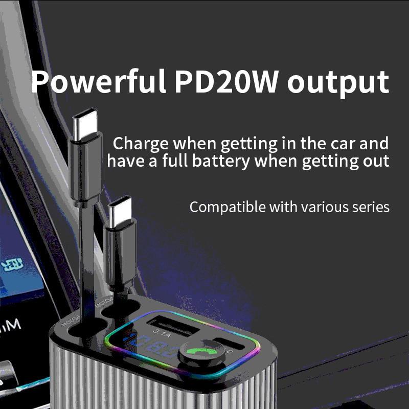 Автомобильное зарядное устройство Bluetooth 4 в 1, многофункциональное зарядное устройство, удобный в использовании адаптер для зарядки Type-C с цифровым дисплеем и выдвижным кабелем для iPhone