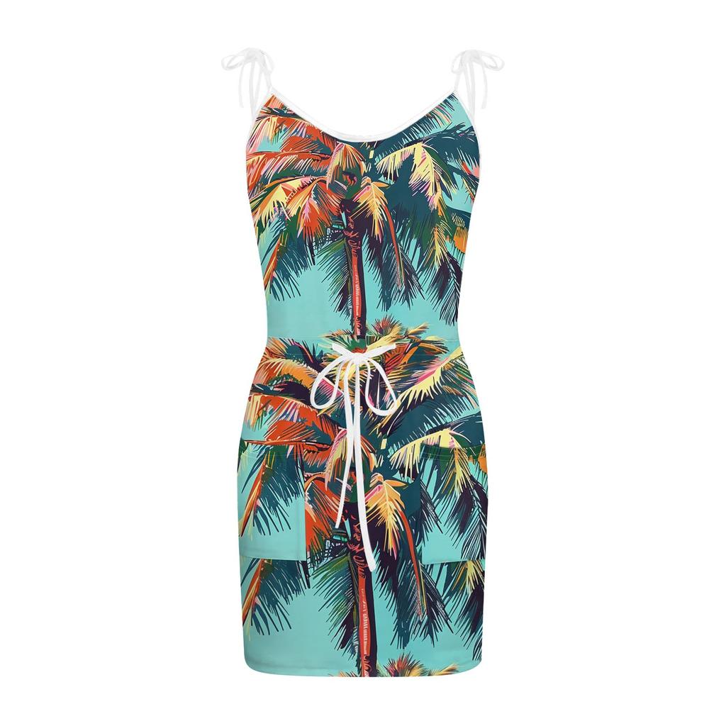 Женское модное повседневное летнее платье с принтом без рукавов и ремешками спереди с V-образным вырезом и карманами