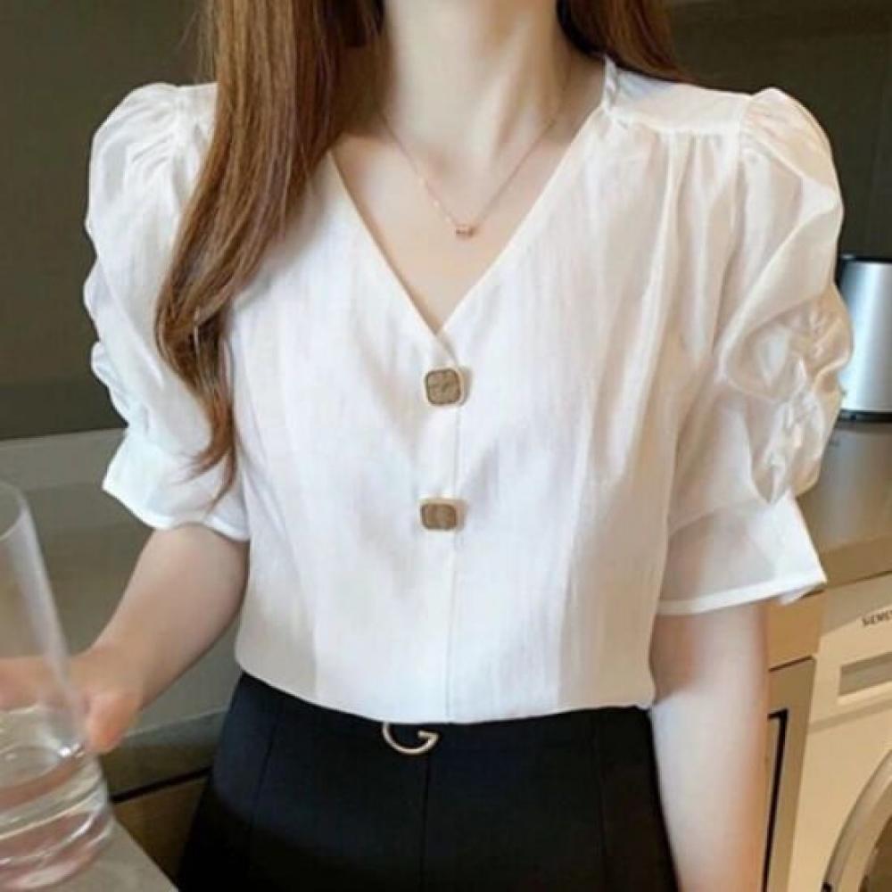 NaVaVa Women Shirring Puff V Neck Short sleeVe Blouse Nb2114