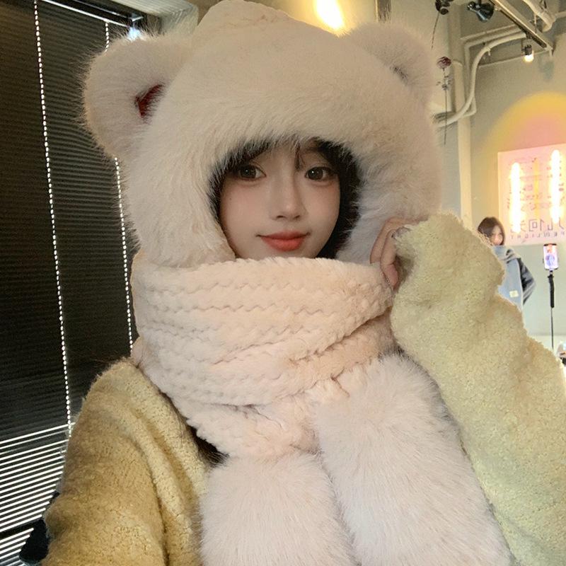 2025 Женский милый капюшон с медведем: Зимний плюшевый набор шапка, шарф, перчатки