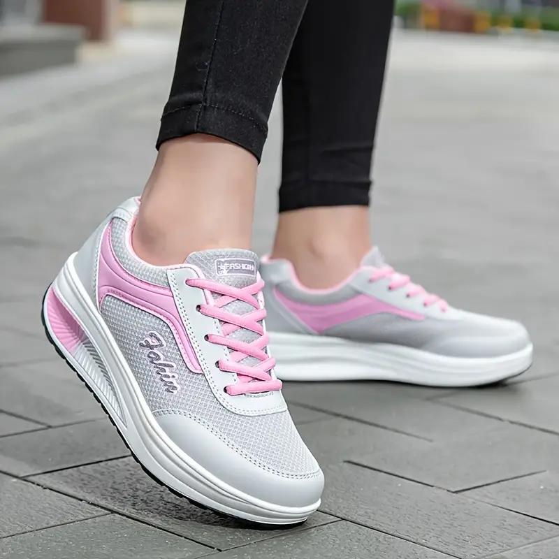 Women's Wedge Rocker Sneakers, Casual Lace Up Low Top Height Increasing Trainers, Comfort Walking Platform Shoes