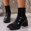 Модные Модные Ботильоны с Квадратным Носком для Женщин Весна Осень Черные Массивные На Высоком Каблуке Женские Ботинки Задняя Молния Патентная Кожа Botas Mujer