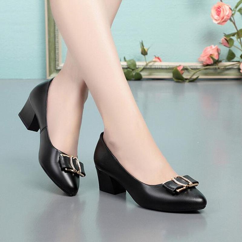 Женская обувь, осенняя женская рабочая обувь на среднем каблуке, профессиональная женская обувь для вечеринок из натуральной кожи с острым носком