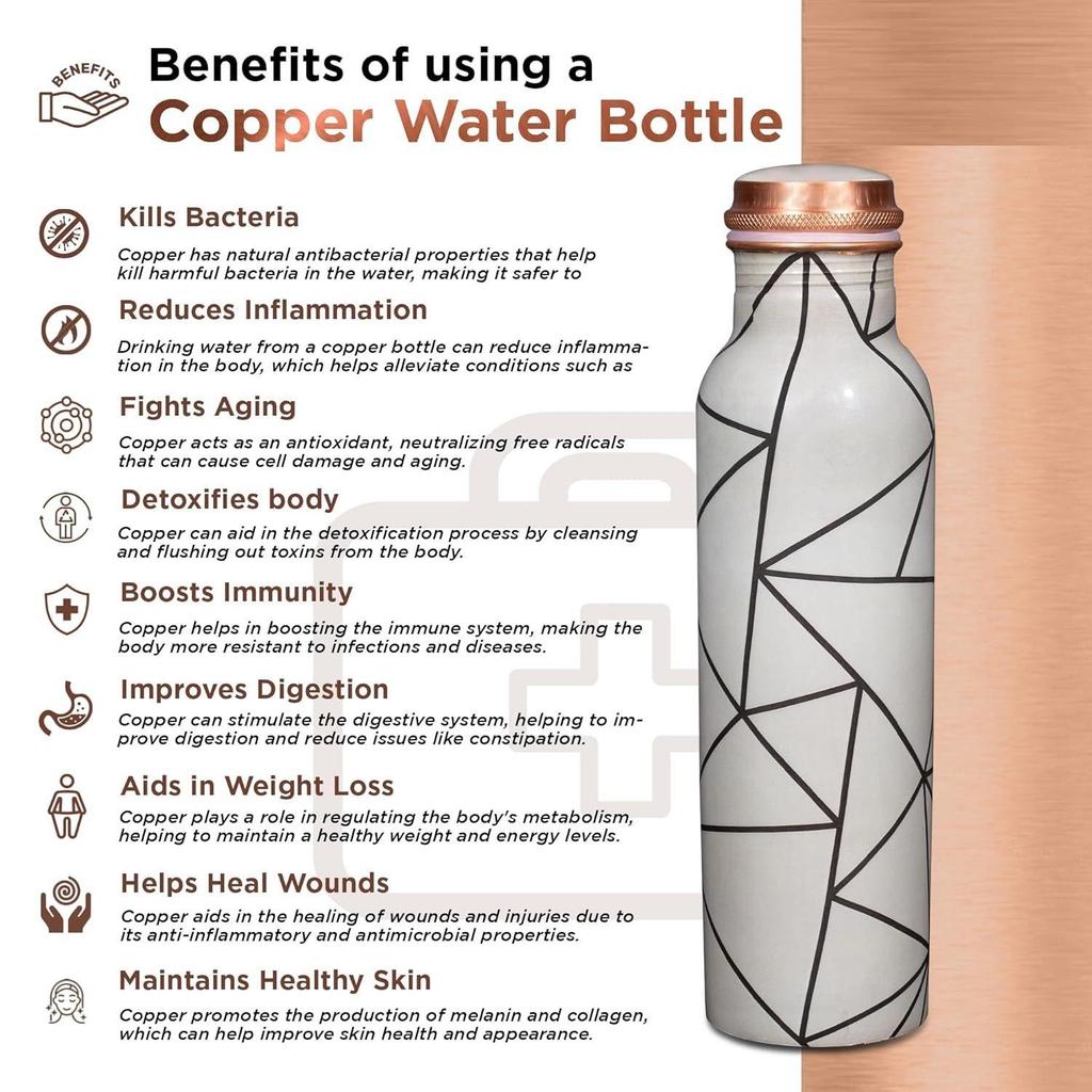 Pure Copper Water Bottle 1 Litre Alkaline and Anti Oxidant 100% Leak Proof, Office, Modern Tamba Bottle (Grey Abstract Line)