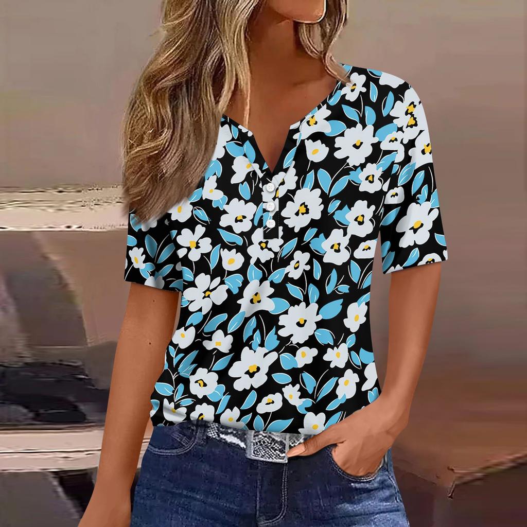 Women's T Shirt Tee Print Button Short Sleeve Daily Weekend Fashion Basic V- Neck Regular Top