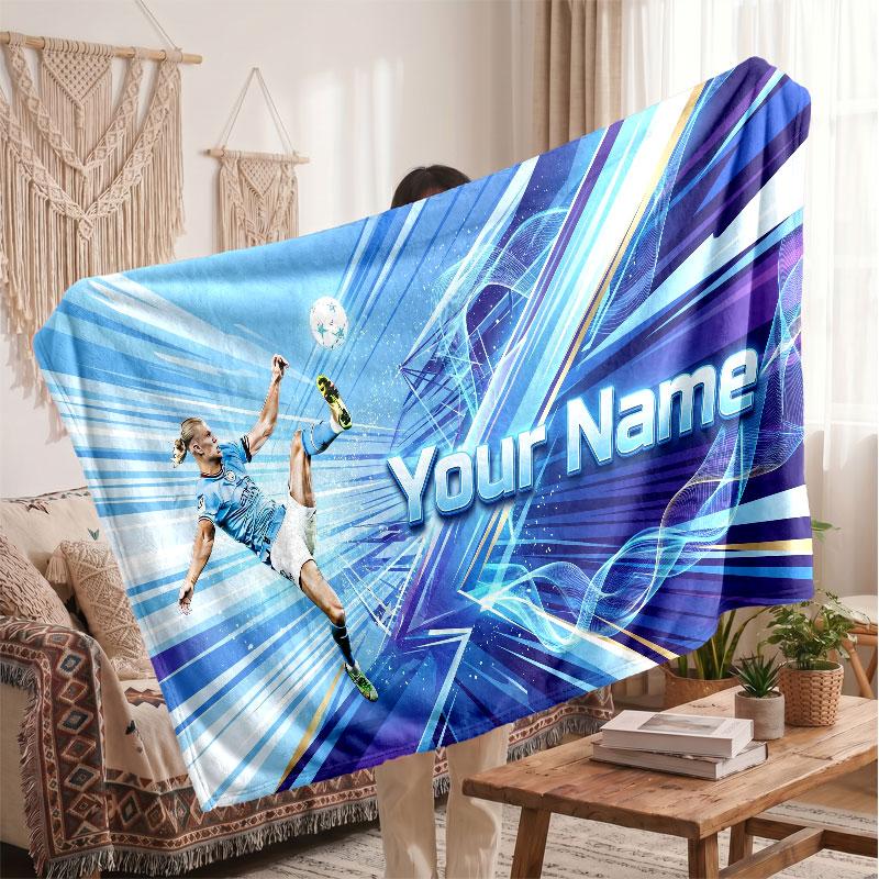 Erling Haaland Personalized Fleece Blanket With Football Logo, Custom Name Text Soft Warm Home Throw Blanket