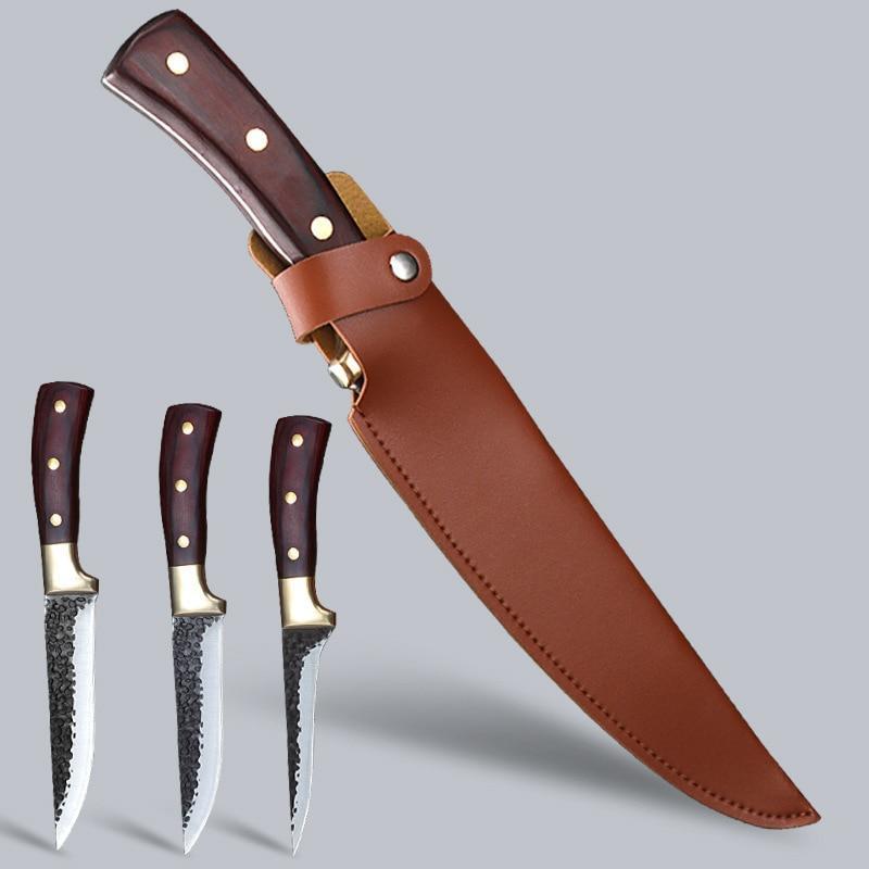 Кованый острый нож для мясника Нож для обвалки Нож для нарезки ломтиков с чехлом для ножа Набор ножей с деревянной ручкой