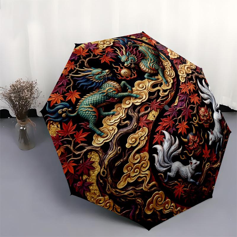 1pc Japanese Mythology, Dragons, Fox Spirits Umbrella with Plastic Handle,Compact & Stylish,Suitable for All Seasons YS331100
