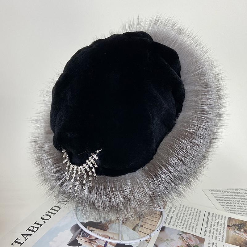 Women's Winter Real Fur Dome Hats Fluffy Natural Fox Rabbit Princess Hat
