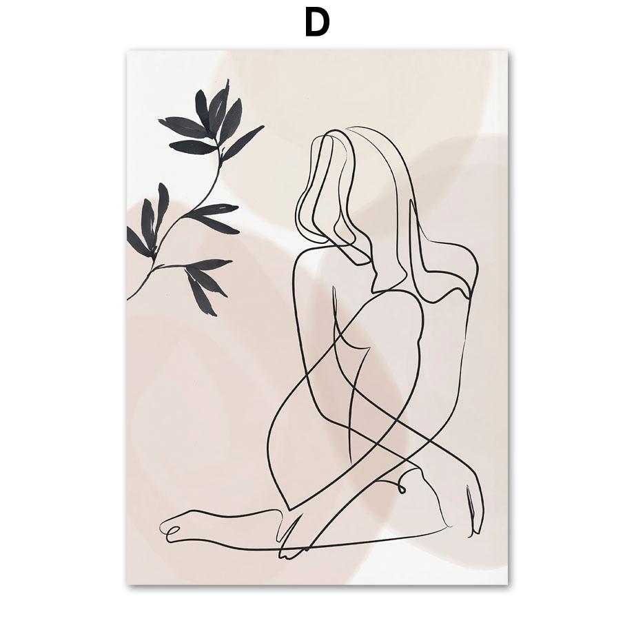 Ваза в стиле бохо с листьями и женскими линиями, геометрические абстрактные постеры и принты, картины на холсте, скандинавские настенные картины, декор гостиной