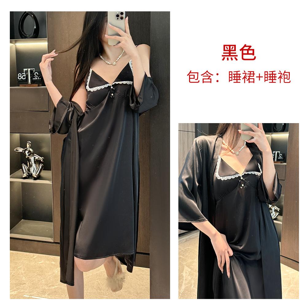 Ice silk suspender nightdress women's summer sexy pure lust girl loungewear suit with chest pad silk pajamas spring and summer