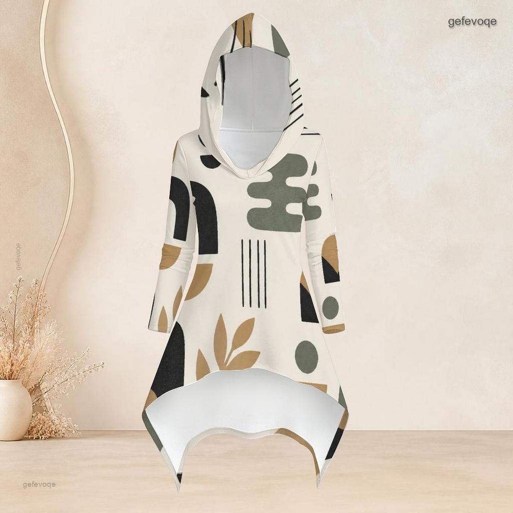 Women Plus Size Black White Gray Printed Hooded Long Sleeve High Low Top Fitted Pants Two Piece Set