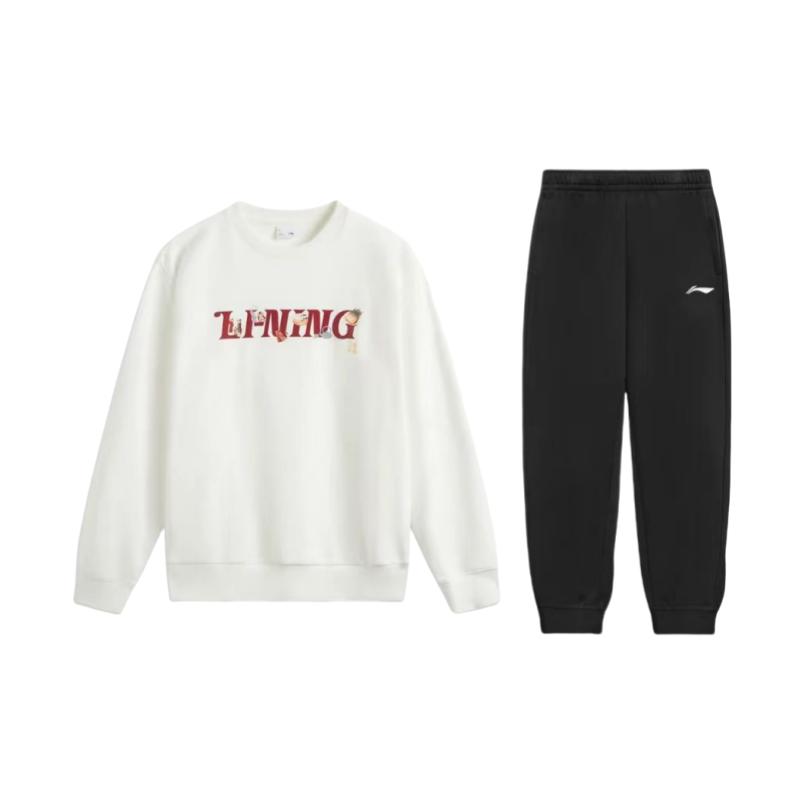 Li-Ning Пуловер с круглым вырезом, свободный, простой топ с длинным рукавом, брюки с высокой талией и манжетами, универсальные, длинные, повседневный спортивный костюм, унисекс, AWDV247-1+AKLSG35-1