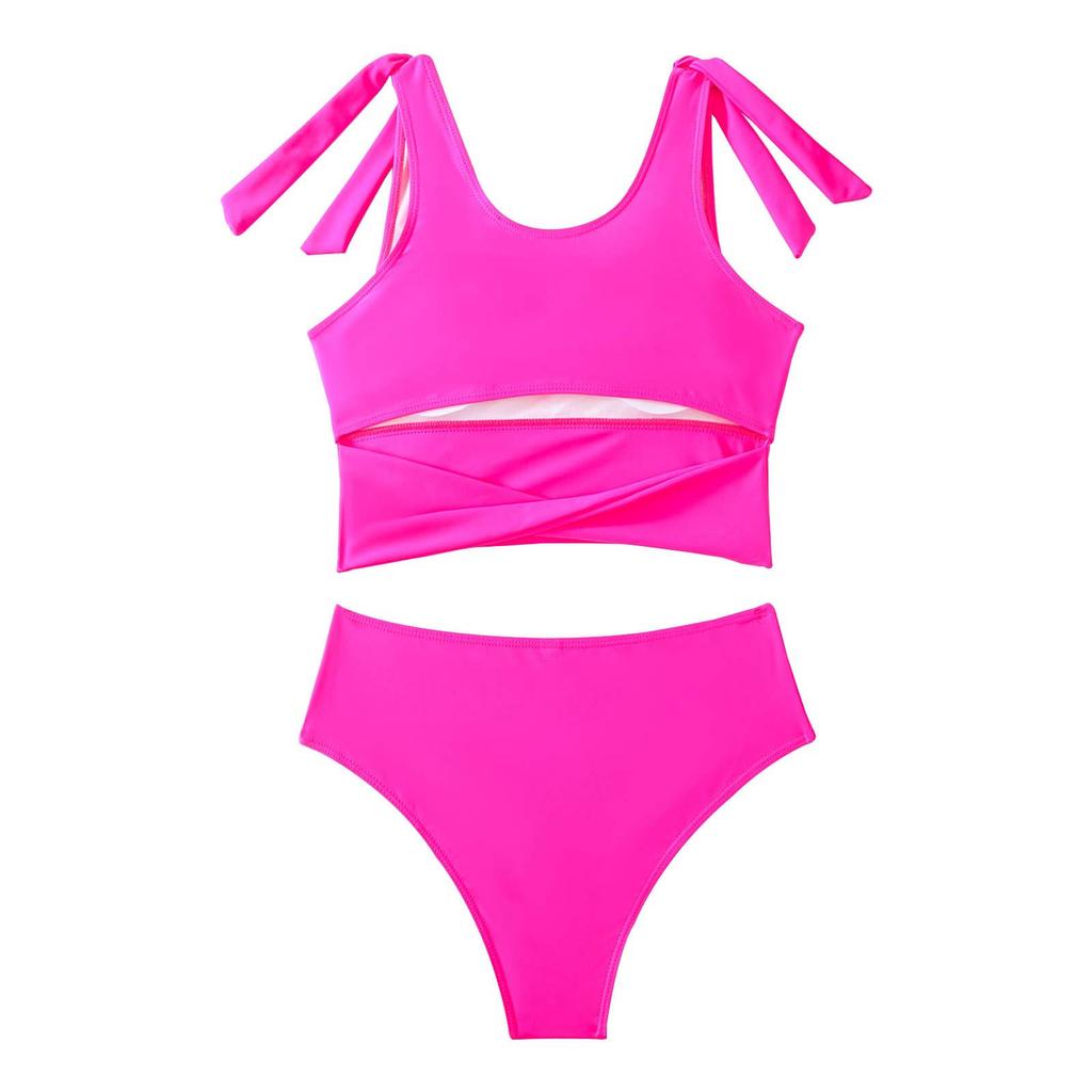 Женский купальник, однотонный модный бикини, сексуальный, с высокой талией, спортивный, из двух частей, комплект бикини, шорты, женский купальник, короткий