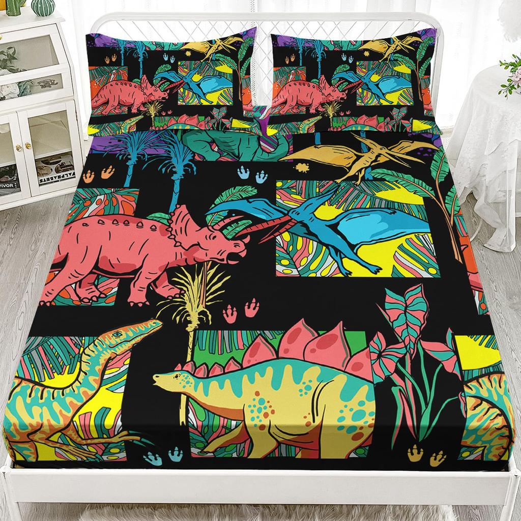 Многоцветный мультяшный узор с динозаврами, шапка на кровать из трех частей, цифровая печать, милый узор, постельный комплект