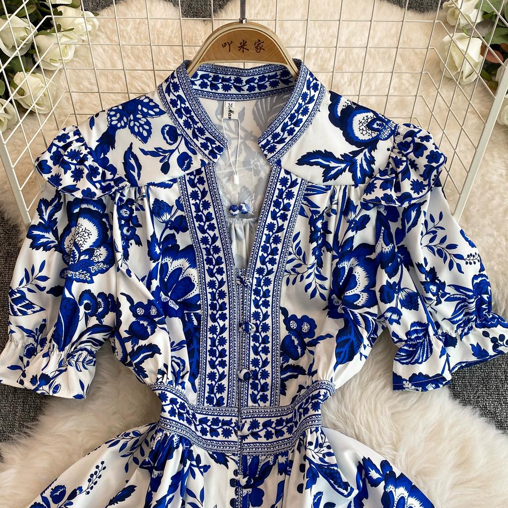 Летнее женское дизайнерское винтажное платье с принтом, элегантное однобортное вечернее платье с v-образным вырезом