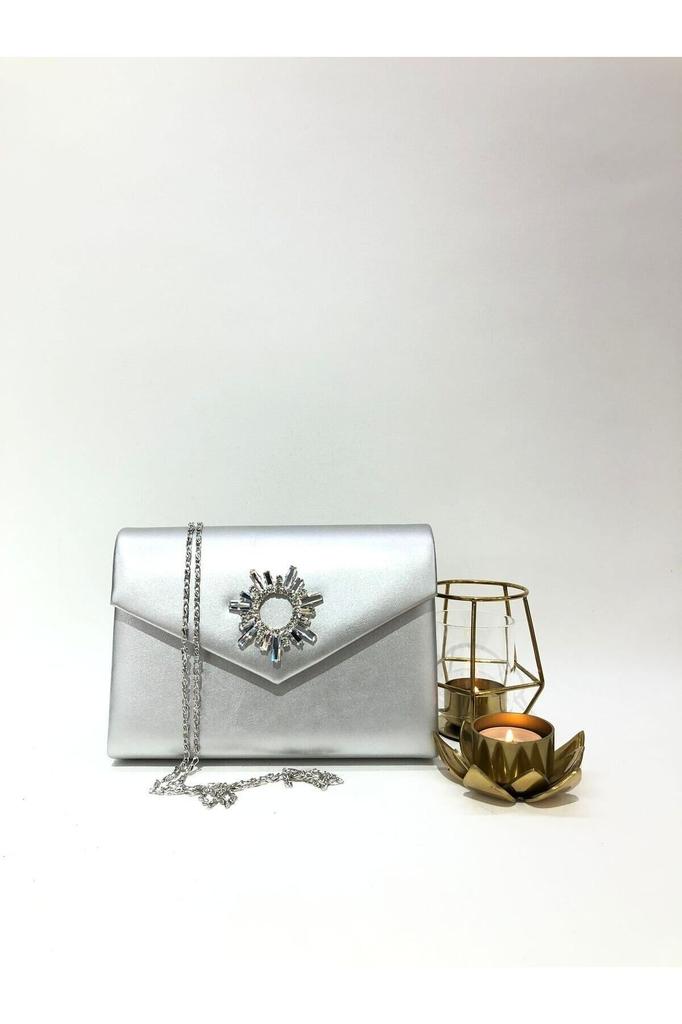 Women's Sea Bream Material Stone Accessory Magnetic Envelope Cover Usable Evening Dress Bag with Shoulder Strap