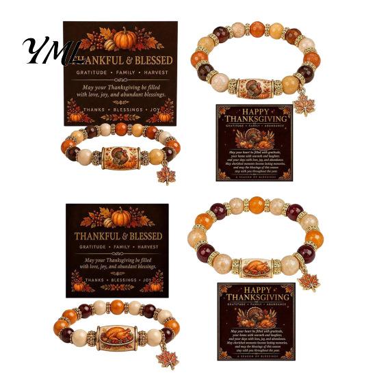 Commemorative Daily Wear Jewelry Thanksgiving Bracelet for Women, Holiday Beaded with Turkey Bucket Bead Maple Leaf Charm, Elastic Stretch Fall