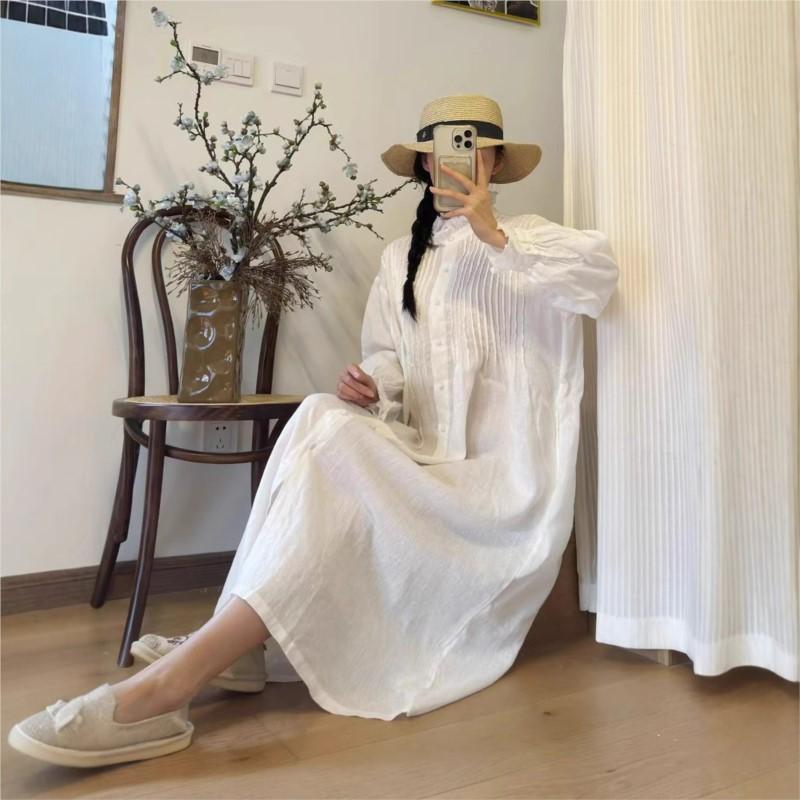 Johnature Весенние тонкие однотонные плиссированные женские платья повседневные винтажные оборки воротник свободные белые женские платья