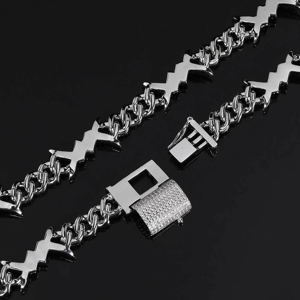 European Hip Hop Simple Personality Iron Wire Chain Zircon Cuban Link Chain Real Gold Electroplated Hiphop Thorn Bracelet Necklace