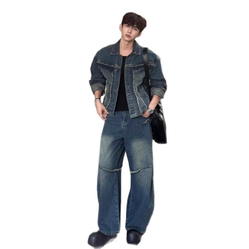 Mens Vintage Blue Denim Jacket Pants Set Retro Fall Slim Fit Two Piece Outfit