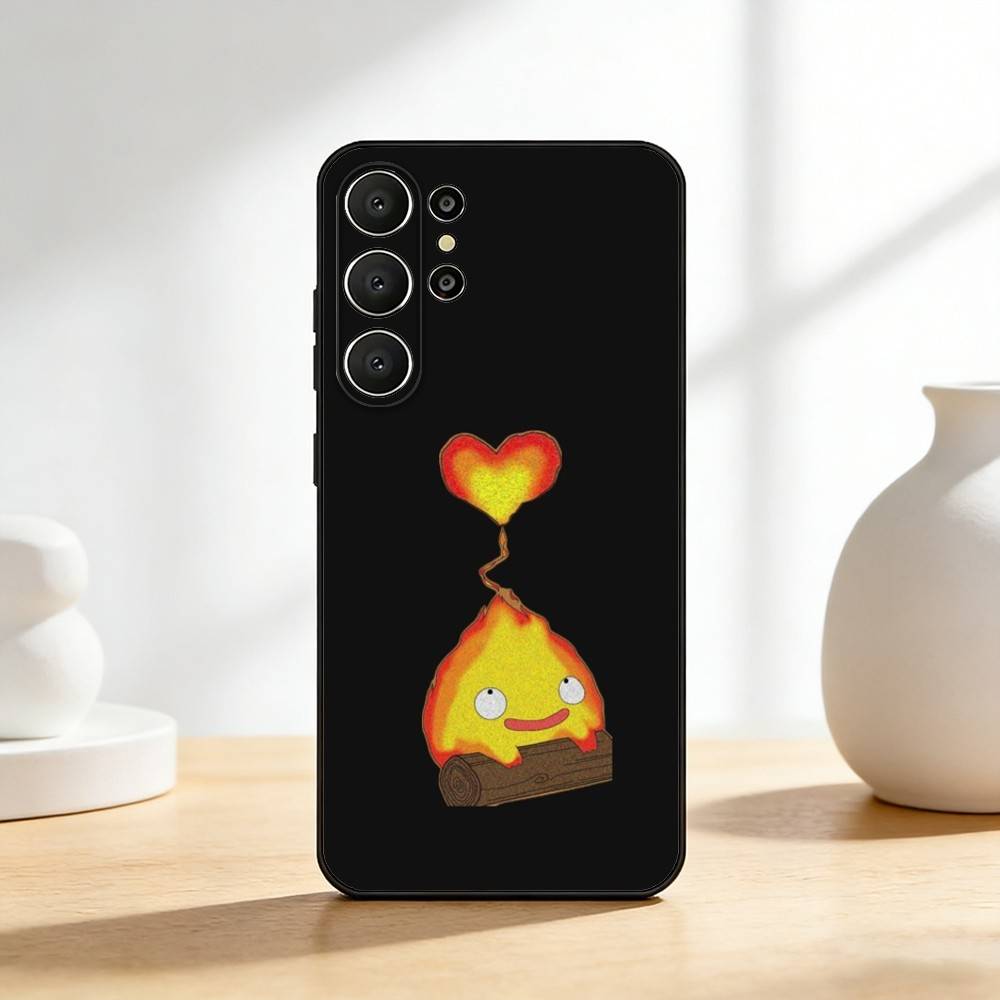 Аниме Милый Чехол-Калцифер-ЕС для Телефона Samsung S26,S25,24,23,22,30,21,10,9,Ultra,Plus,Lite,FE Мягкий Черный Чехол