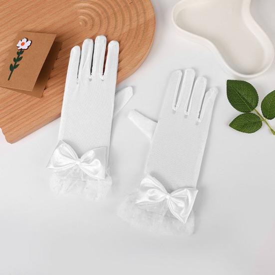1 пара женских перчаток для выпускного вечера, прозрачное кружево, декор в виде банта, ажурная сетка