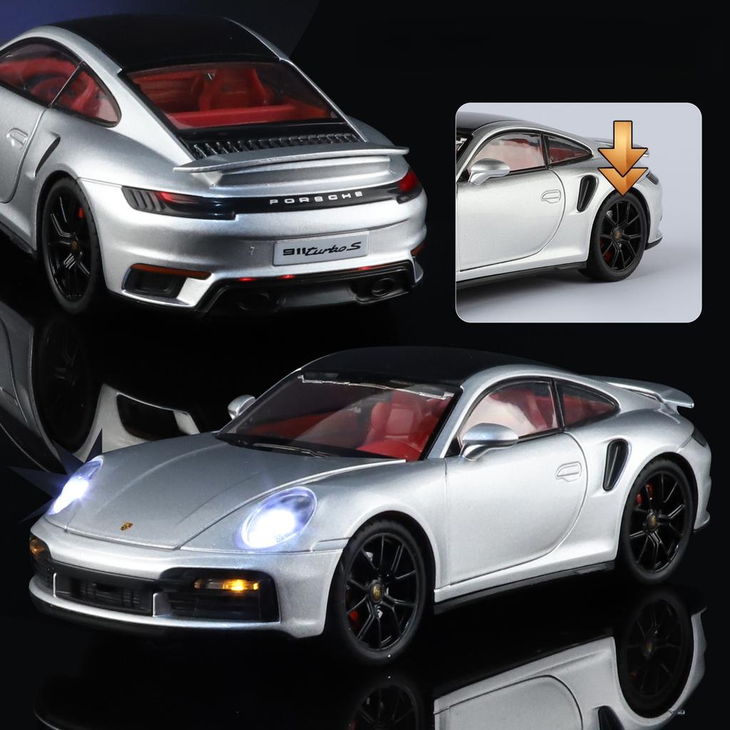 pdbn6 1/24 Porsche 911 Turbo S Diecast Alloy Metal Toy Car Miniature Model Pull Back Sound & Light Doors Openable Collection Gift Boy