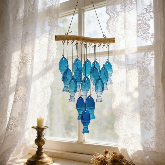 Синий Стеклянный Рыбка Колокольчик Ветра Ручной Работы Морская Тема Ловец Солнца Для Дома Улицы Сада Двора Патио Подвесной Декор Колокольчик Ветра