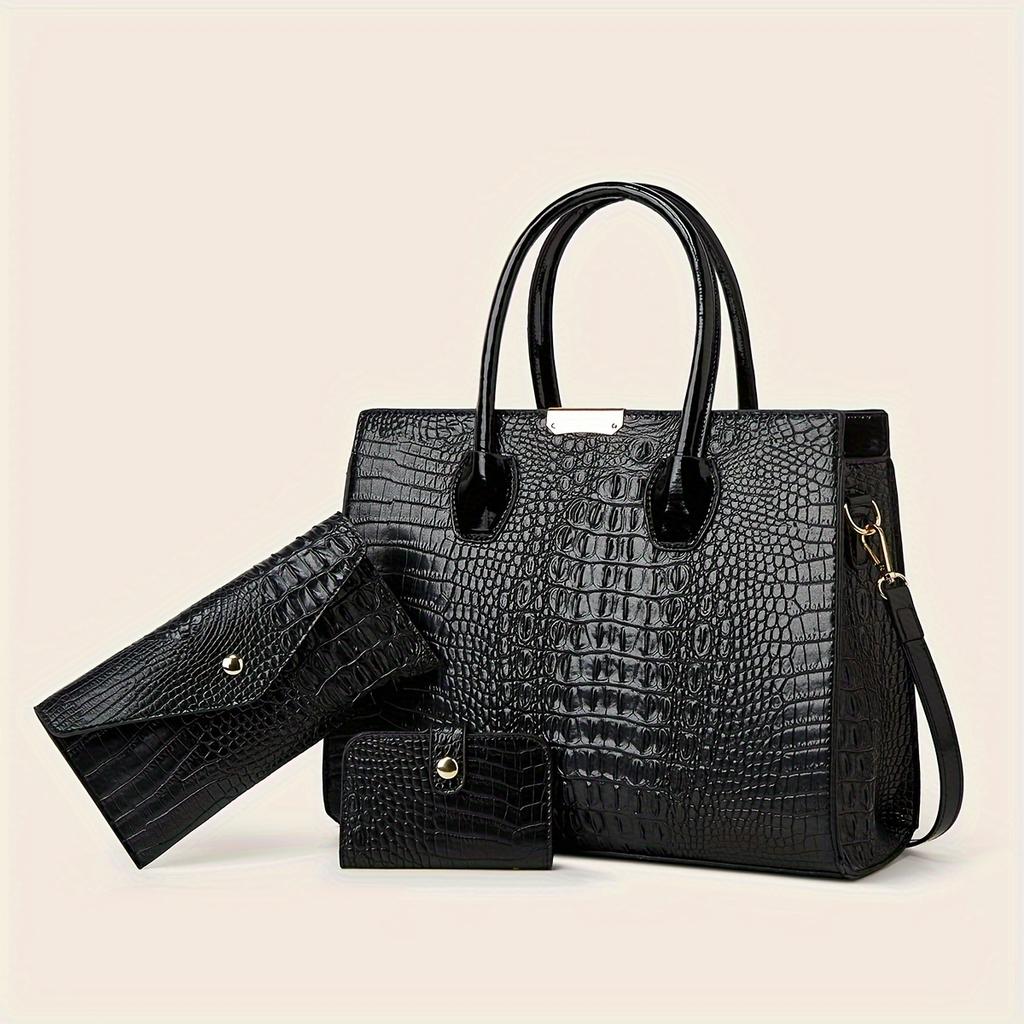 Large Capacity Crocodile Pattern Bag for Women Classic Tote Bag Single Shoulder Bag Crossbody Wallet 3 Pieces