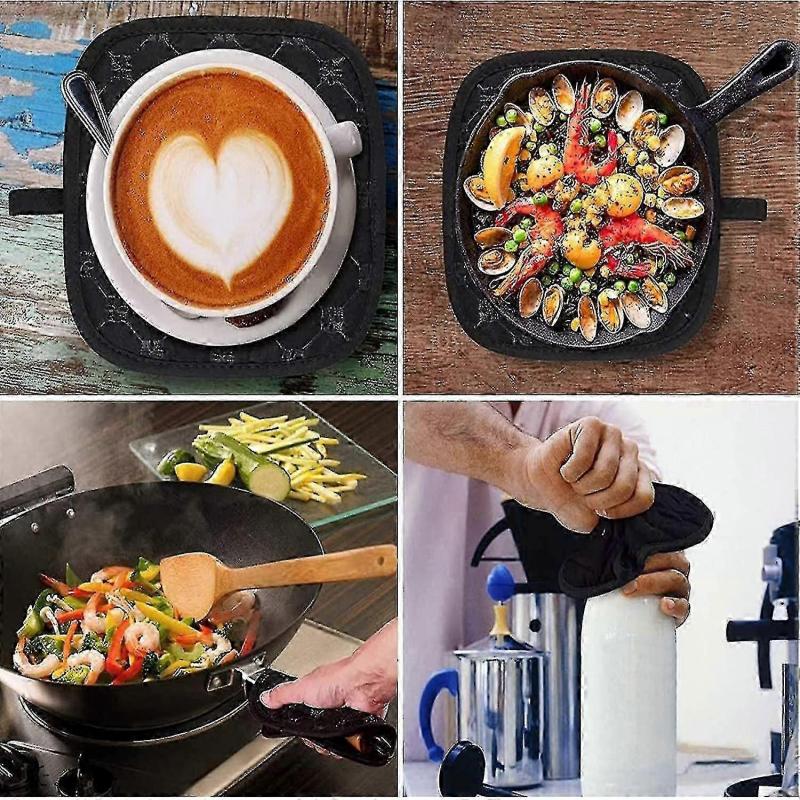 Oven Mitts And Pot Holders Sets, 536 Heat Resistant Oven Gloves Thick Cotton Kitchen Mitts For Baking, Cooking, Bbq,black(6pcs,balck)