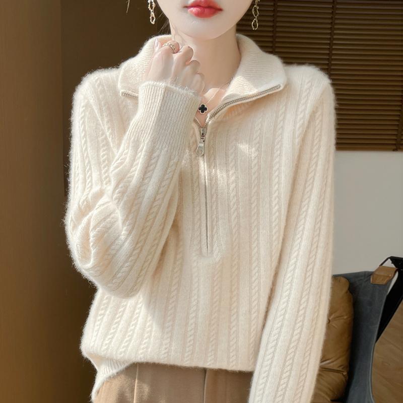 Women Sweater 100% Wool TIDENOVEL Turn-down Collar Knit Pullover Thick Winter Jumpers Female Knit Tops Zipper