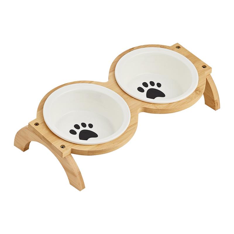 Керамическая миска для домашних животных на деревянной подставке двойного назначения: Противоударная конструкция для защиты шеи, подходит для кошек и собак.