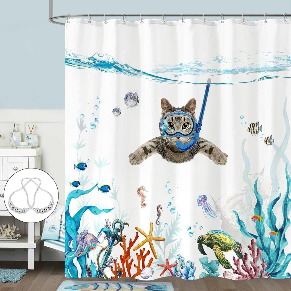 Забавная японская кошка Занавеска для душа Милая Забавная Крутая Кошка Монстр Акула Занавески для душа для ванной Винтажные Океанские волны Аниме Детские
