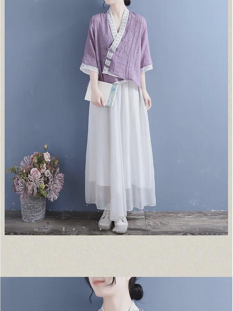 Женская китайская ретро-рубашка из хлопка и льна: Элегантный весенне-летний топ с рукавами три четверти