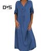 Fall Spring Lady Dress V Neck Loose Short Sleeves with Cufflink Split Hem Plus Size Dress Solid Color Buttons Pullover A-line Daily Wear Beach Maxi