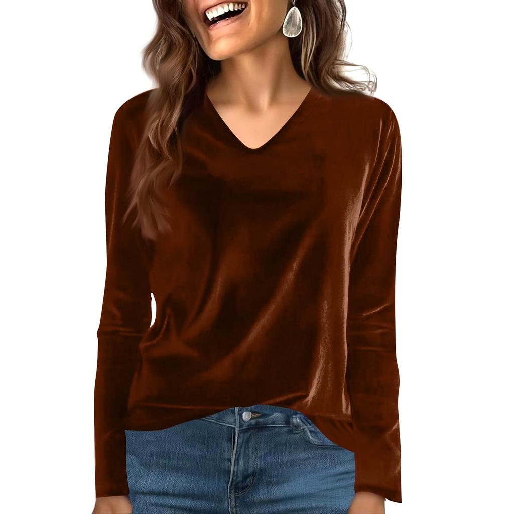 Women's Fashion Casual Velvet Solid Colour V-Neck Long-Sleeved T-Shirt Top