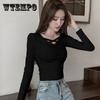Women's Solid Color Long Sleeve Bottoming Shirt V-Neck Cross Tie Pullover Black Tight Sexy Top