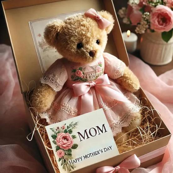 Подарочная коробка с плюшевым мишкой на День матери, плюшевая игрушка для эмоциональной поддержки, кукла, элегантное кружевное платье ручной работы, медведь с открыткой, памятный подарок для мамы, бабушки