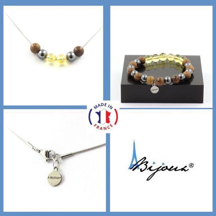 Stones and Minerals. Set Bracelet Necklace Pearls Citrine + Hematite + Wood 8 Mm. Chain Customizable Size.