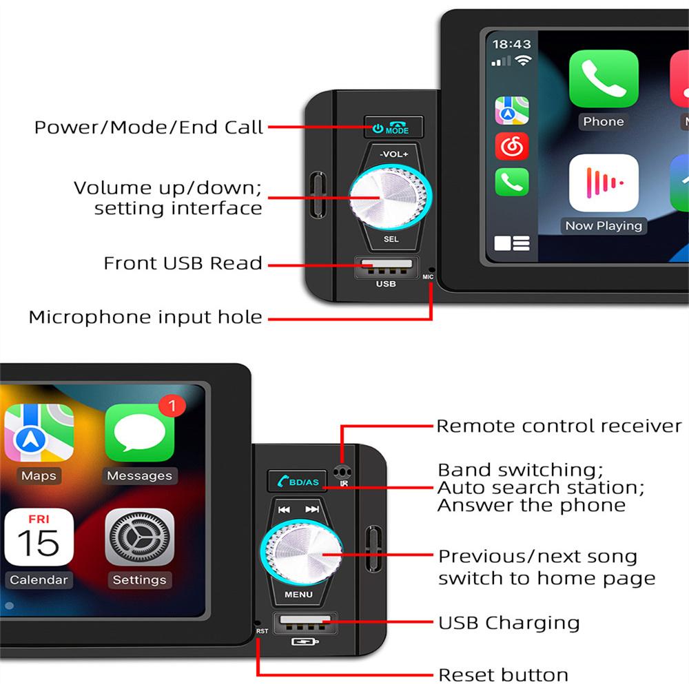 1 Din 5'' Car Radio Multimedia MP5 Player Compatible with Carplay Android Auto