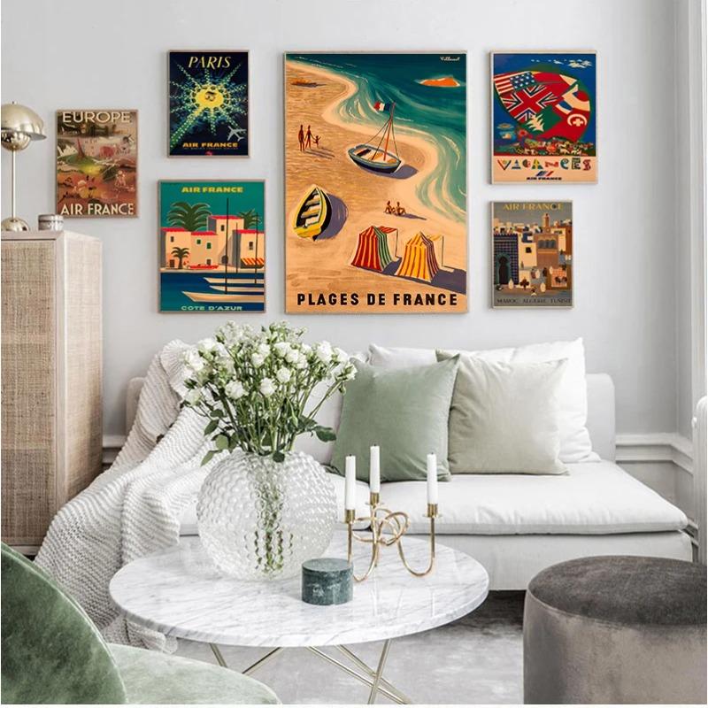 Travel to Europe Japan by Air France Canvas Painting Vintage Wall Pictures Kraft Poster Coated Wall Sticker Home Decoration Gift