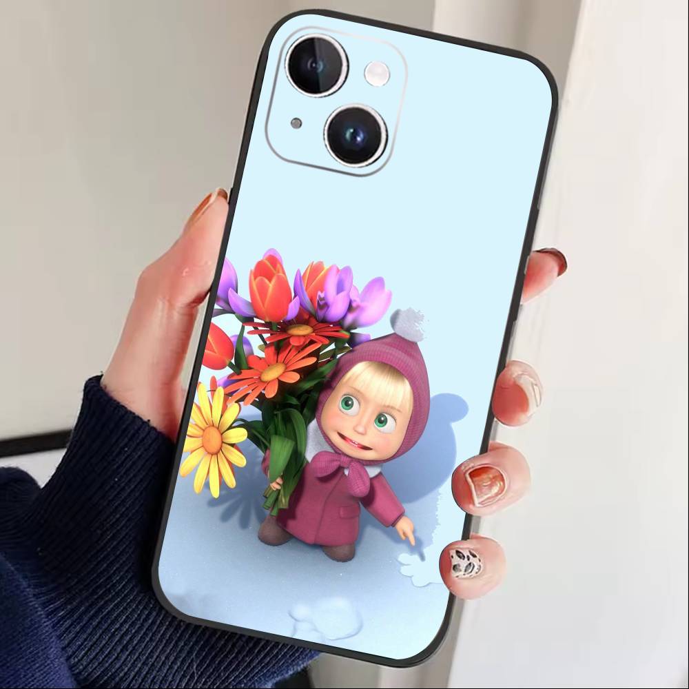 Милый чехол для телефона Маша и Медведи Для iPhone 16,15,14,13,12,17,Pro Max,Plus Силиконовый Черный Чехол