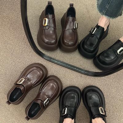 Женские лоферы 2025 весна новые ретро коричневые на липучке одинарные туфли платформа с утолщением британский стиль маленькие кожаные туфли