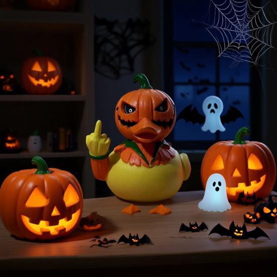 Pumpkin Head Duck Figurine Halloween Duck Decoration Resin Flip-off Duck Tabletop Ornament for Mantel Home Parties Centerpiece