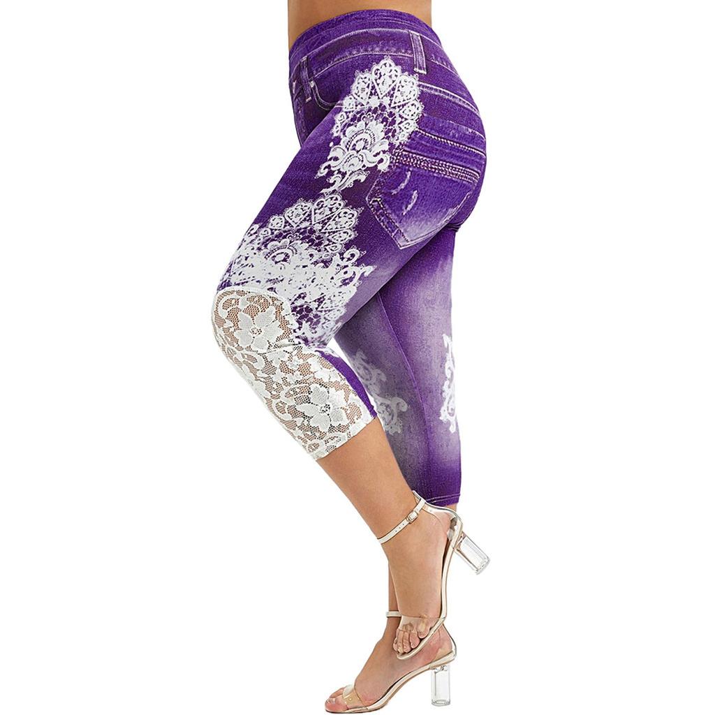 Fashion Women Plus Size Lace Printing Splice Elastic Waist Casual Leggings Pants