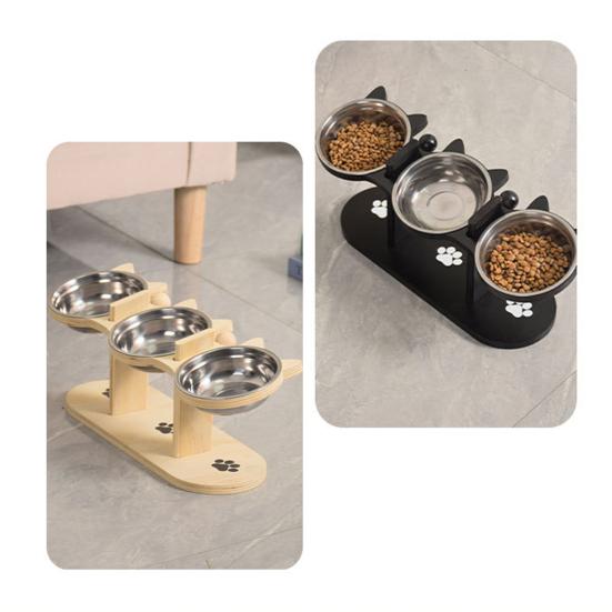 Приподнятые миски для кошек с 3 мисками из нержавеющей стали, наклоненная на 15 градусов приподнятая миска для кошачьего корма с деревянной подставкой, противорвотная кормушка для домашних кошек