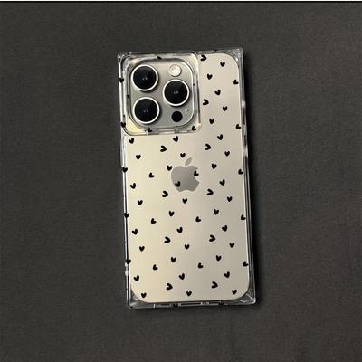 Прозрачный квадратный чехол-трубка для защиты iPhone 13 11 12 14 Pro Max 15 Plus 16 ProMax с черным узором в горошек и сердечками